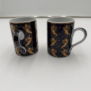 Vintage Y2K Celestial Whimsigoth Cherub Mugs – Blue Gold Angel Stars Set of 2